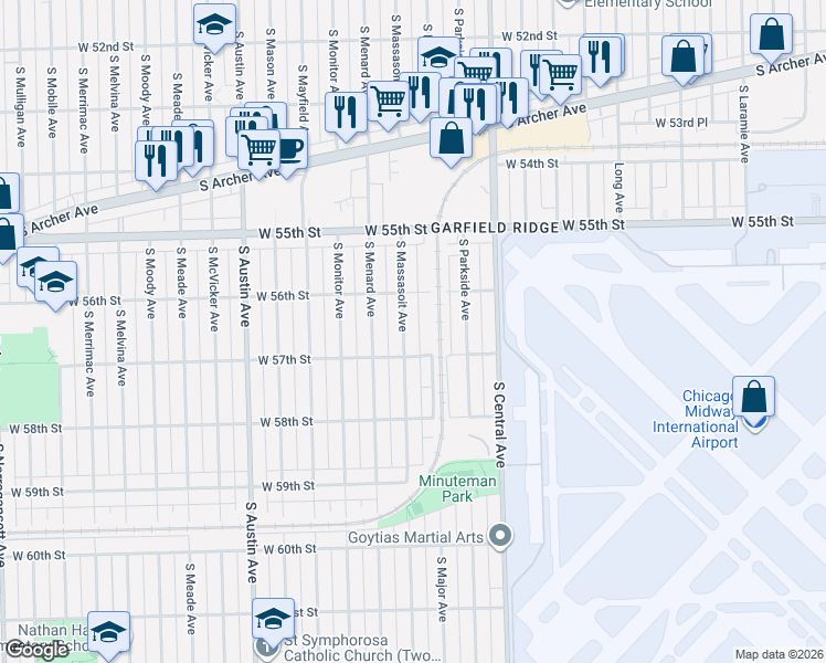 map of restaurants, bars, coffee shops, grocery stores, and more near 5629 South Massasoit Avenue in Chicago