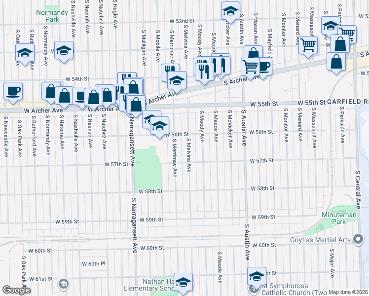 map of restaurants, bars, coffee shops, grocery stores, and more near 5616 South Melvina Avenue in Chicago