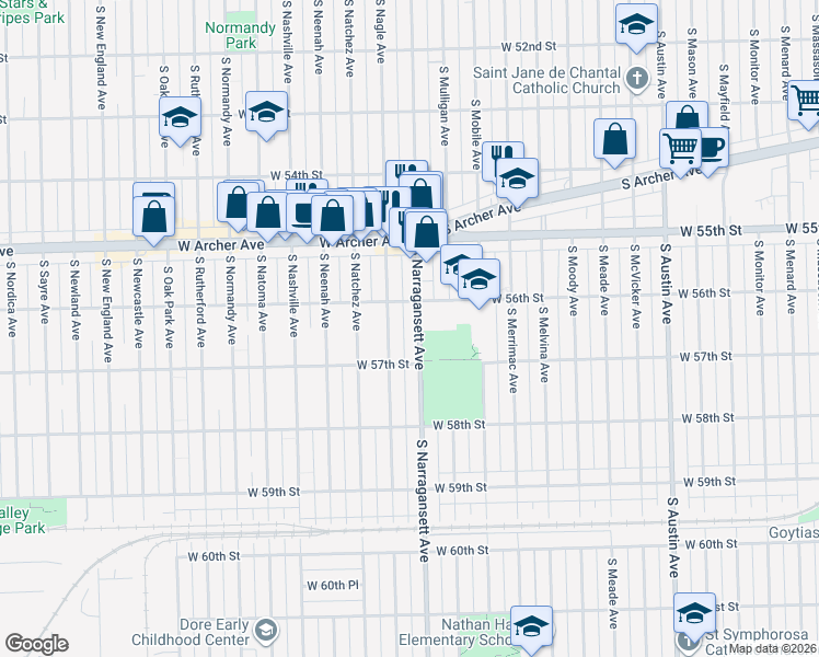 map of restaurants, bars, coffee shops, grocery stores, and more near 5625 South Narragansett Avenue in Chicago