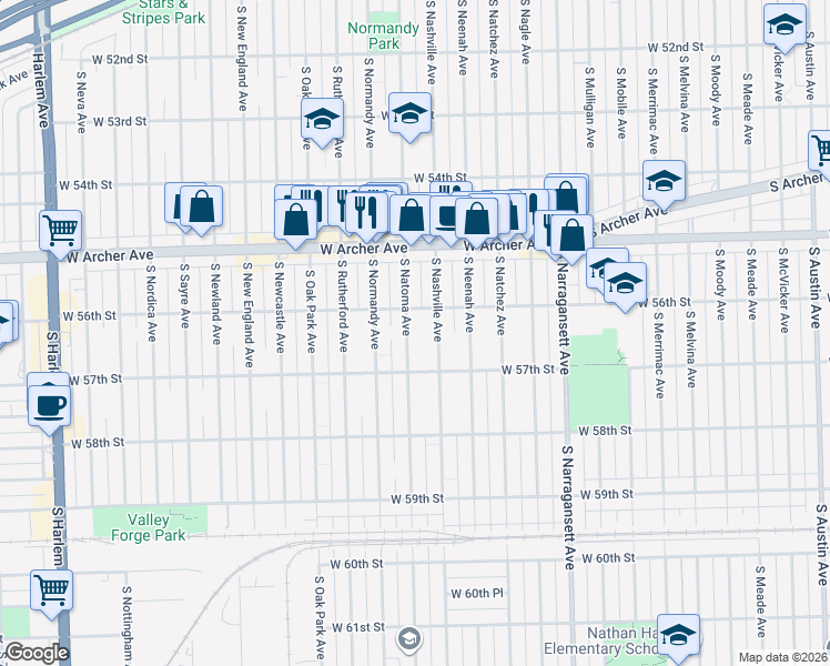 map of restaurants, bars, coffee shops, grocery stores, and more near 5613 South Natoma Avenue in Chicago