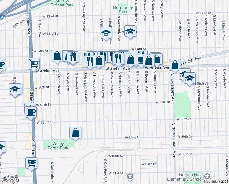 map of restaurants, bars, coffee shops, grocery stores, and more near 5608 South Rutherford Avenue in Chicago
