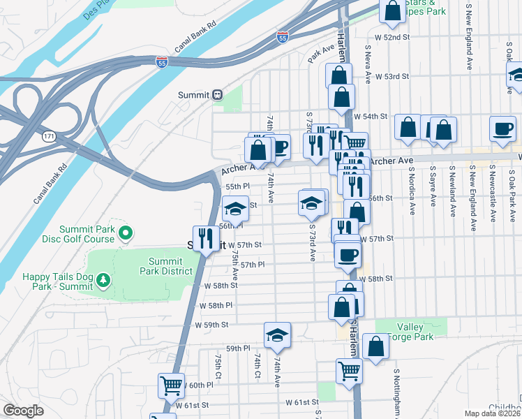 map of restaurants, bars, coffee shops, grocery stores, and more near 7410 56th Street in Summit