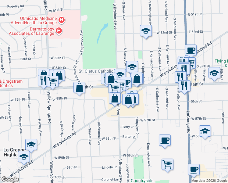 map of restaurants, bars, coffee shops, grocery stores, and more near 901 West 55th Street in Countryside