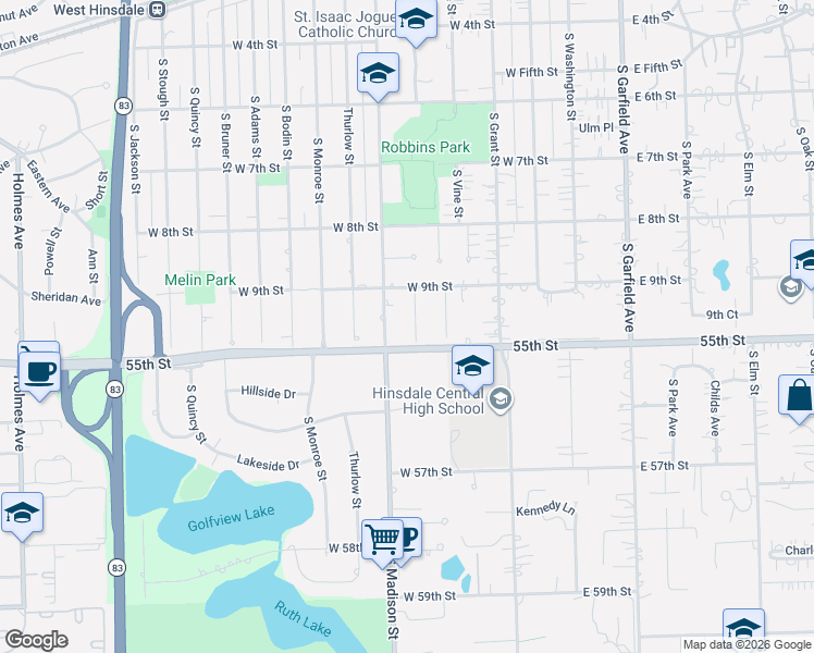 map of restaurants, bars, coffee shops, grocery stores, and more near 919 South Madison Street in Hinsdale