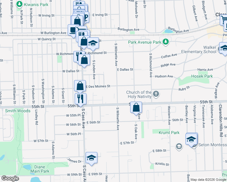 map of restaurants, bars, coffee shops, grocery stores, and more near 127 East Des Moines Street in Westmont