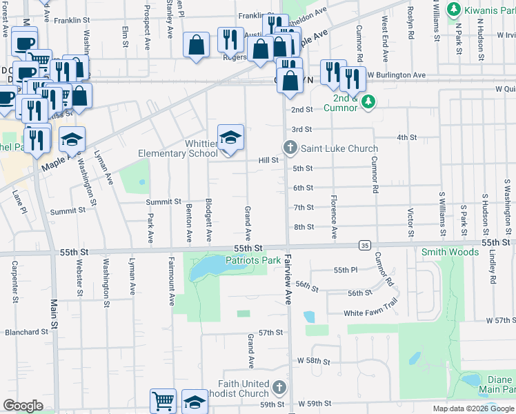 map of restaurants, bars, coffee shops, grocery stores, and more near 5333 Grand Avenue in Downers Grove