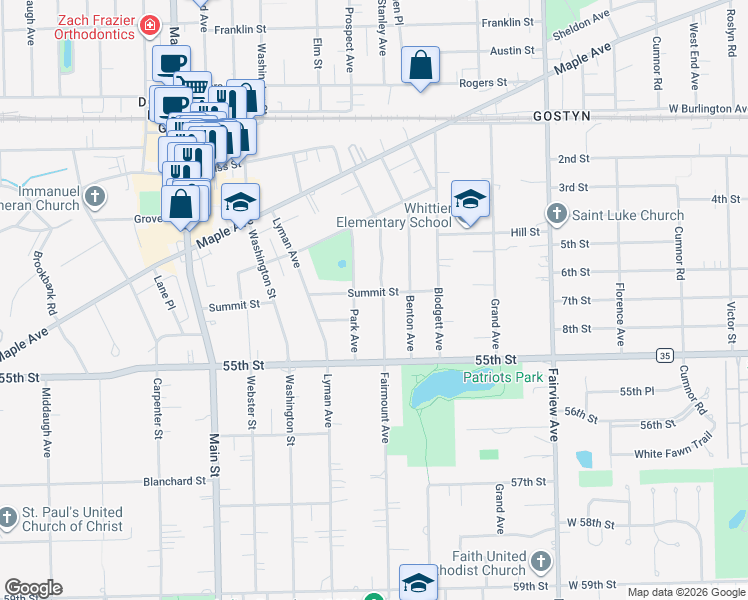 map of restaurants, bars, coffee shops, grocery stores, and more near 700 Summit Street in Downers Grove