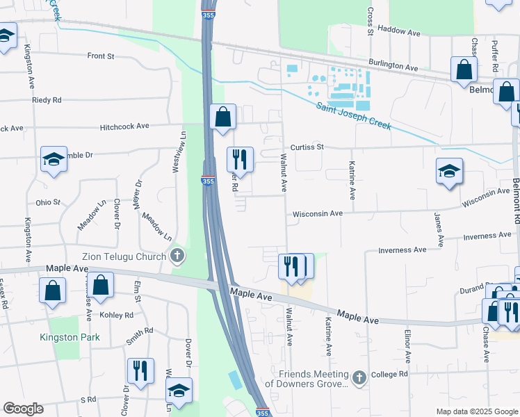 map of restaurants, bars, coffee shops, grocery stores, and more near 5300 Walnut Avenue in Downers Grove