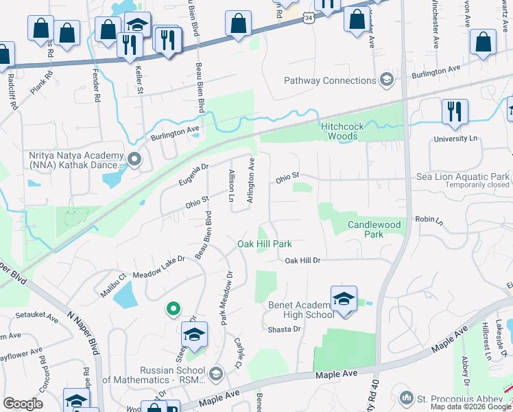 map of restaurants, bars, coffee shops, grocery stores, and more near 5232 Pennywood Drive in Lisle
