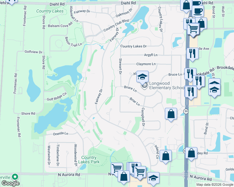 map of restaurants, bars, coffee shops, grocery stores, and more near 30W383 Bruce Lane in Naperville