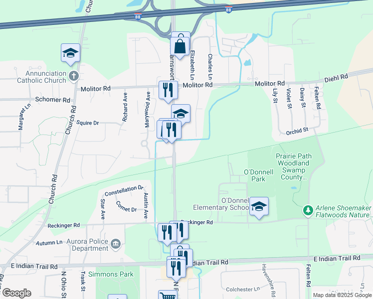 map of restaurants, bars, coffee shops, grocery stores, and more near 1601 North Farnsworth Avenue in Aurora
