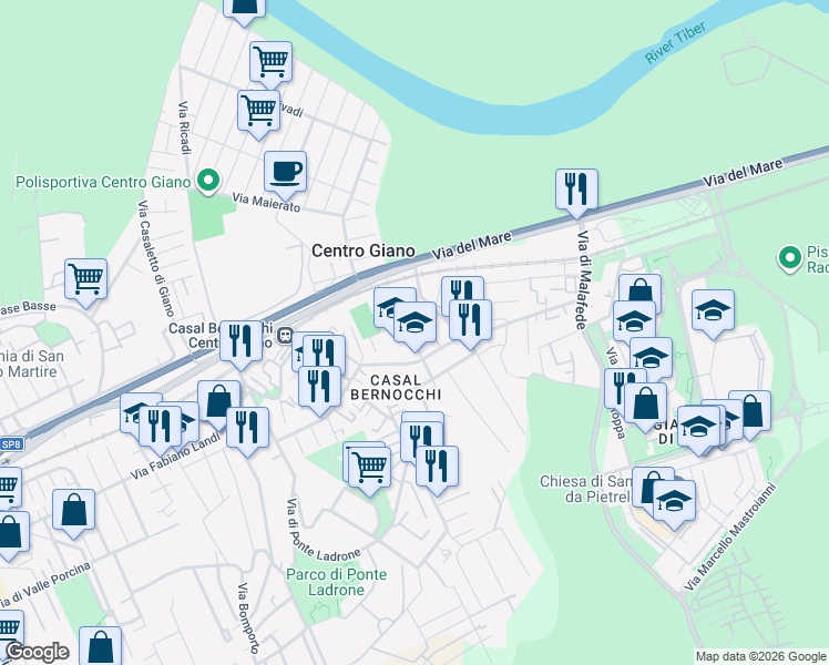 map of restaurants, bars, coffee shops, grocery stores, and more near 81 Via Luigi Pietrobono in Città Metropolitana di Roma