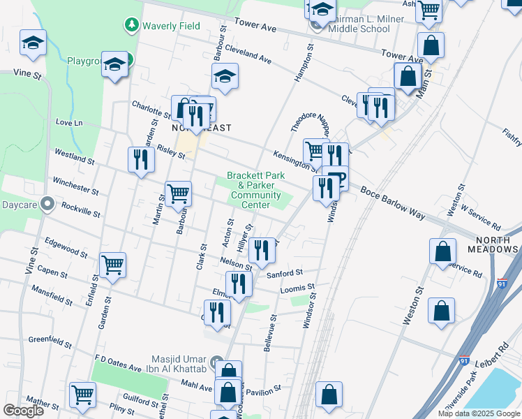map of restaurants, bars, coffee shops, grocery stores, and more near 32 Westland Street in Hartford
