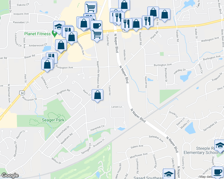 map of restaurants, bars, coffee shops, grocery stores, and more near 5S525 Tuthill Road in Naperville