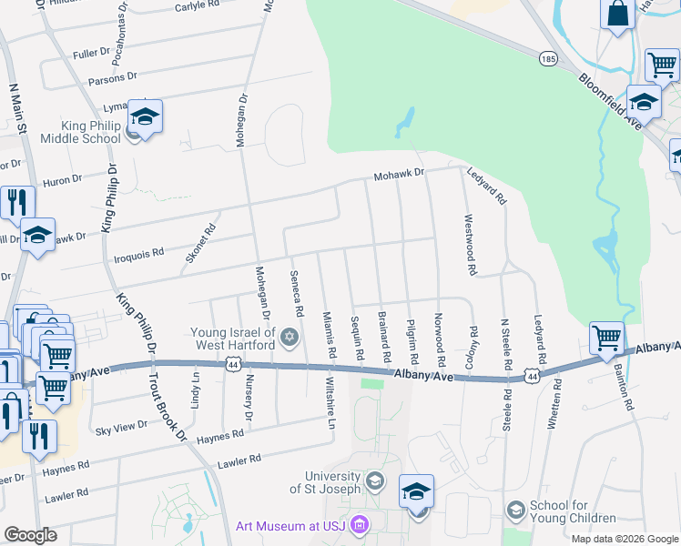 map of restaurants, bars, coffee shops, grocery stores, and more near 49 Sequin Road in West Hartford