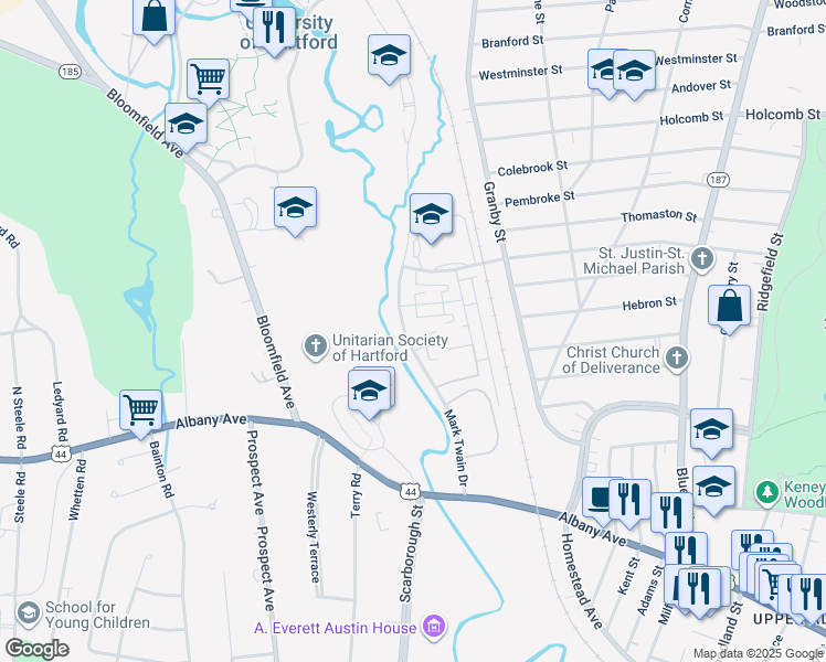 map of restaurants, bars, coffee shops, grocery stores, and more near 144 Mark Twain Drive in Hartford
