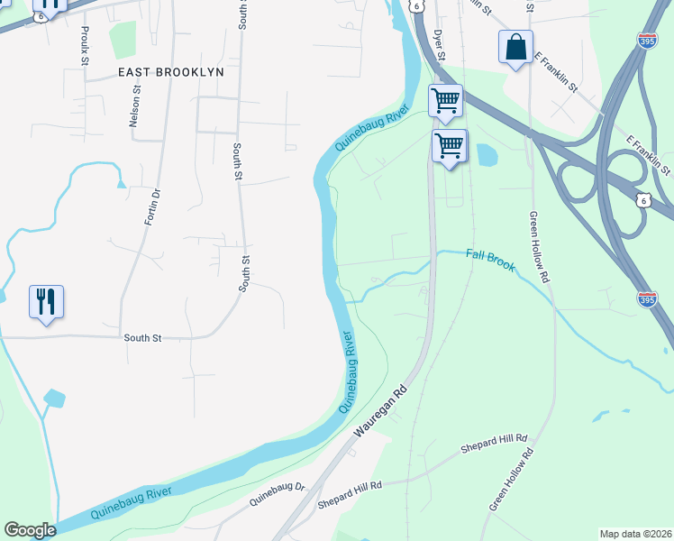 map of restaurants, bars, coffee shops, grocery stores, and more near Quinebaug River Trail in Killingly