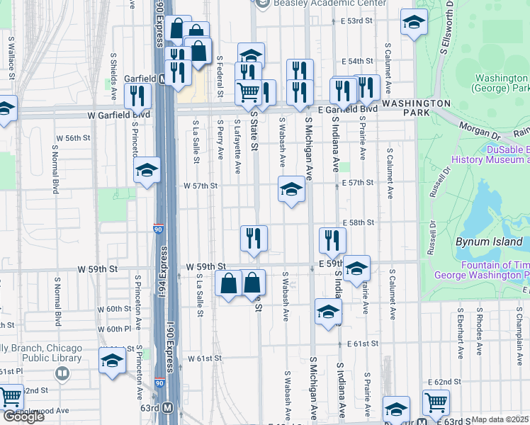 map of restaurants, bars, coffee shops, grocery stores, and more near 5745 South State Street in Chicago