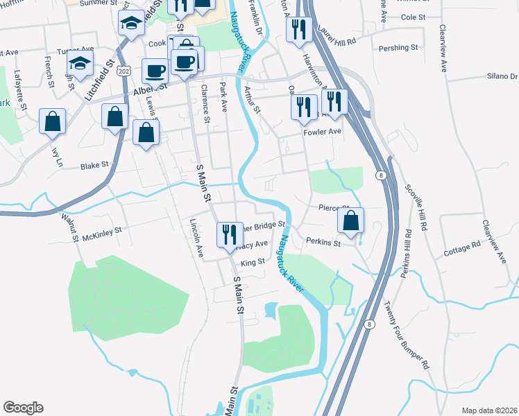 map of restaurants, bars, coffee shops, grocery stores, and more near 107 Scoville Street in Torrington