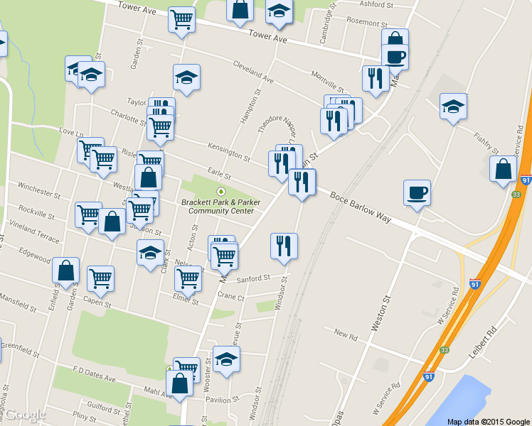 map of restaurants, bars, coffee shops, grocery stores, and more near 2674 Main Street in Hartford