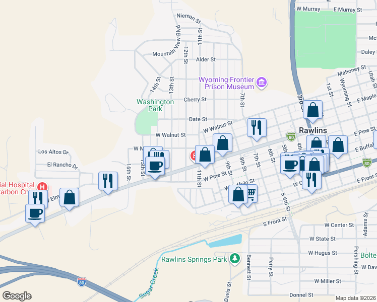 map of restaurants, bars, coffee shops, grocery stores, and more near 1217 W Maple St in Rawlins