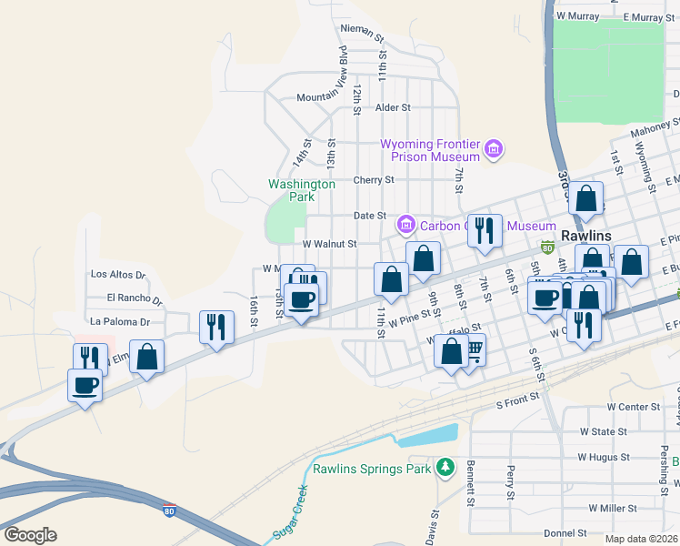 map of restaurants, bars, coffee shops, grocery stores, and more near 1217 W Maple St in Rawlins