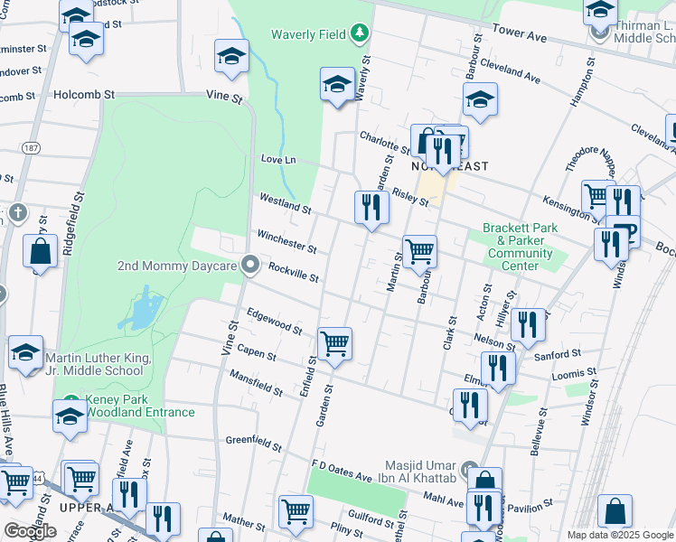 map of restaurants, bars, coffee shops, grocery stores, and more near 280 Enfield Street in Hartford