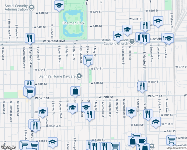 map of restaurants, bars, coffee shops, grocery stores, and more near 5716 South May Street in Chicago