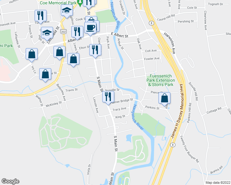 map of restaurants, bars, coffee shops, grocery stores, and more near 513 Park Avenue in Torrington