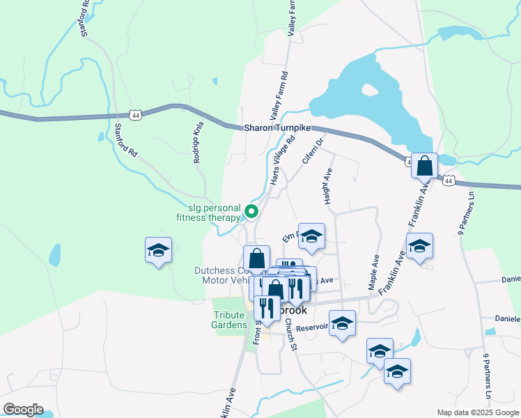 map of restaurants, bars, coffee shops, grocery stores, and more near 28 Harts Village Road in Millbrook
