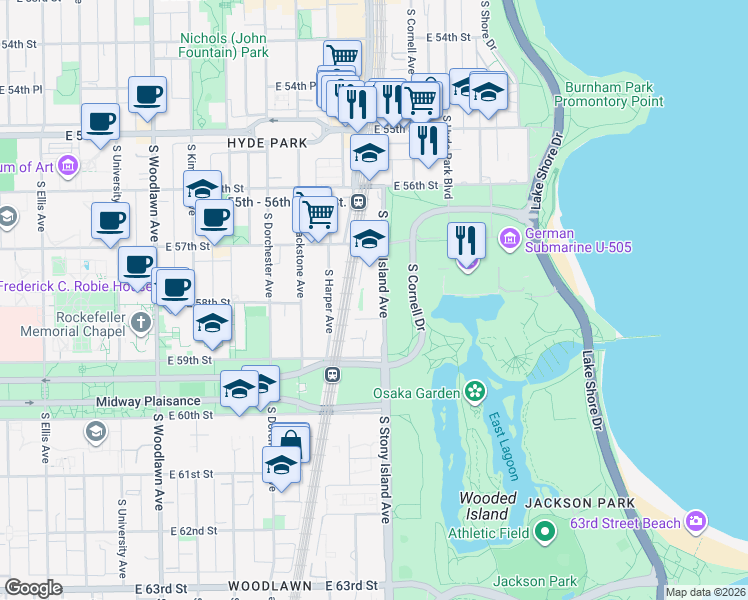 map of restaurants, bars, coffee shops, grocery stores, and more near 5740 South Stony Island Avenue in Chicago