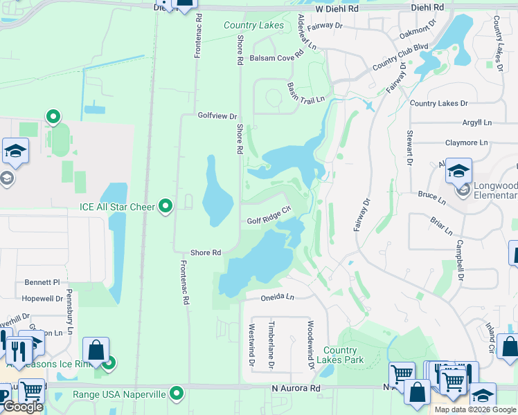 map of restaurants, bars, coffee shops, grocery stores, and more near 2554 Golf Ridge Circle in Naperville