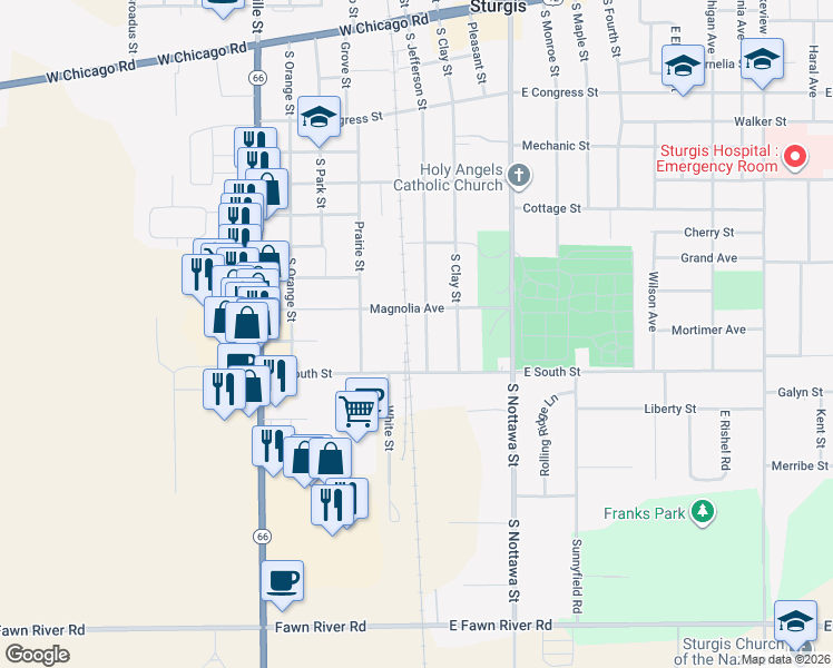 map of restaurants, bars, coffee shops, grocery stores, and more near 605 South Jefferson Street in Sturgis
