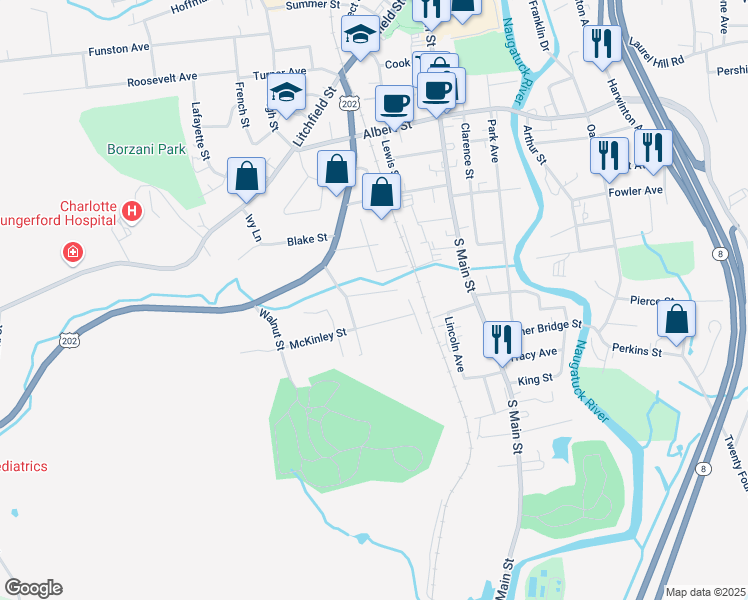 map of restaurants, bars, coffee shops, grocery stores, and more near 48 Travis Street in Torrington