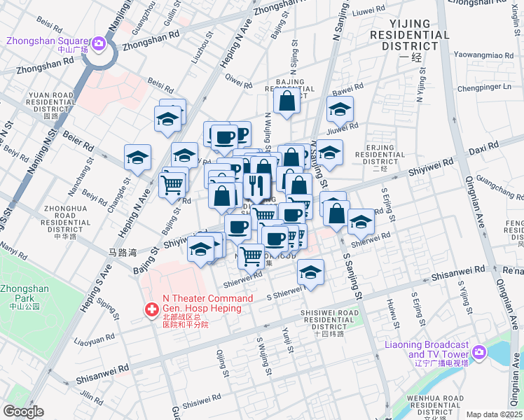 map of restaurants, bars, coffee shops, grocery stores, and more near in Shenyang