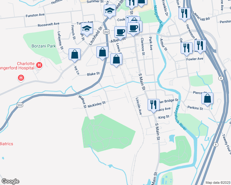 map of restaurants, bars, coffee shops, grocery stores, and more near 48 Travis Street in Torrington
