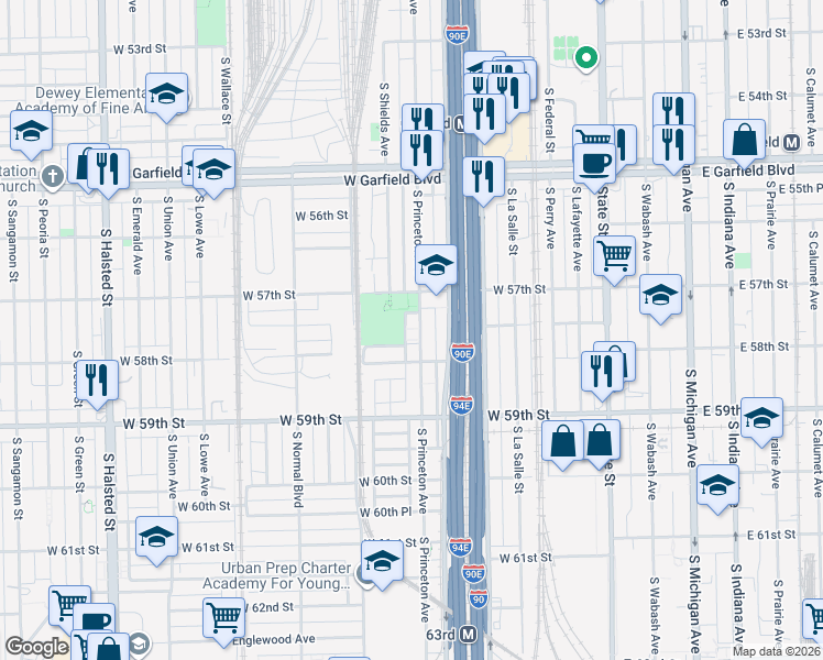 map of restaurants, bars, coffee shops, grocery stores, and more near 5726 South Princeton Avenue in Chicago
