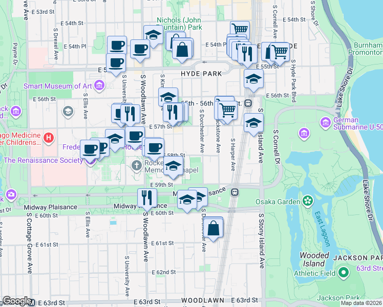 map of restaurants, bars, coffee shops, grocery stores, and more near 1360 East 58th Street in Chicago