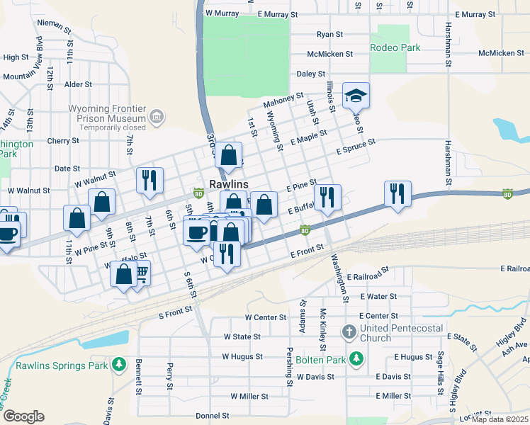 map of restaurants, bars, coffee shops, grocery stores, and more near 111 West Buffalo Street in Rawlins