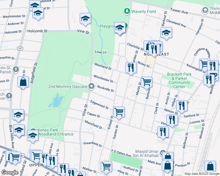 map of restaurants, bars, coffee shops, grocery stores, and more near 265 Enfield Street in Hartford