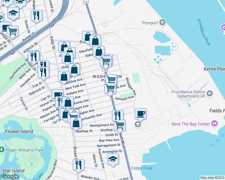 map of restaurants, bars, coffee shops, grocery stores, and more near 140 Ohio Avenue in Providence