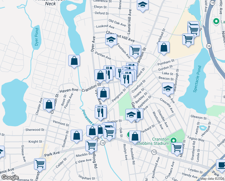 map of restaurants, bars, coffee shops, grocery stores, and more near 52 Victoria Avenue in Cranston