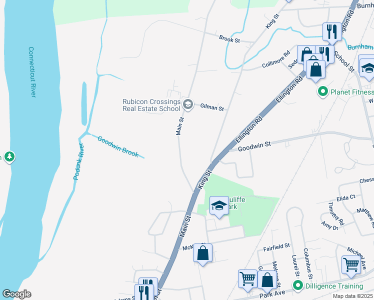 map of restaurants, bars, coffee shops, grocery stores, and more near 1850 Main Street in East Hartford