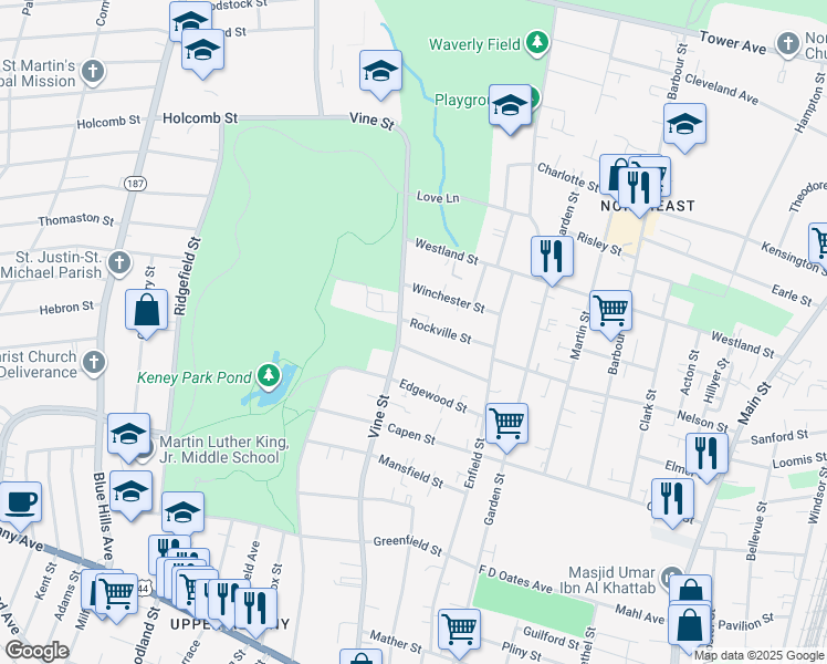map of restaurants, bars, coffee shops, grocery stores, and more near 337 Vine Street in Hartford
