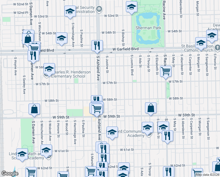 map of restaurants, bars, coffee shops, grocery stores, and more near 5713 South Justine Street in Chicago