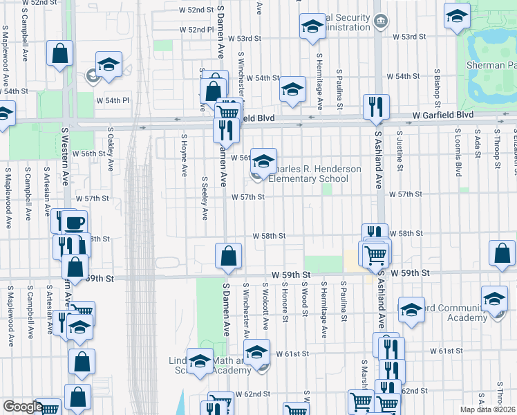 map of restaurants, bars, coffee shops, grocery stores, and more near 5706 South Wolcott Avenue in Chicago