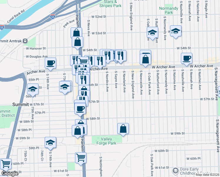 map of restaurants, bars, coffee shops, grocery stores, and more near 5604 South Nordica Avenue in Chicago