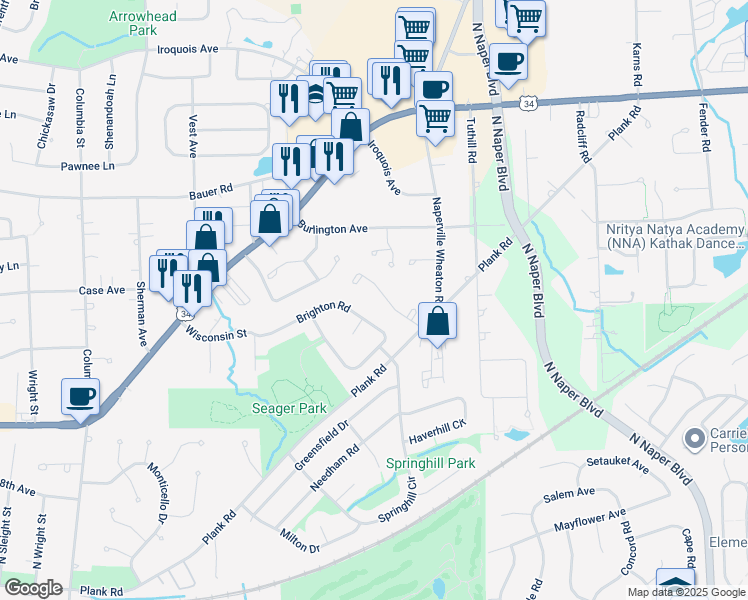map of restaurants, bars, coffee shops, grocery stores, and more near 1244 Marls Court in Naperville