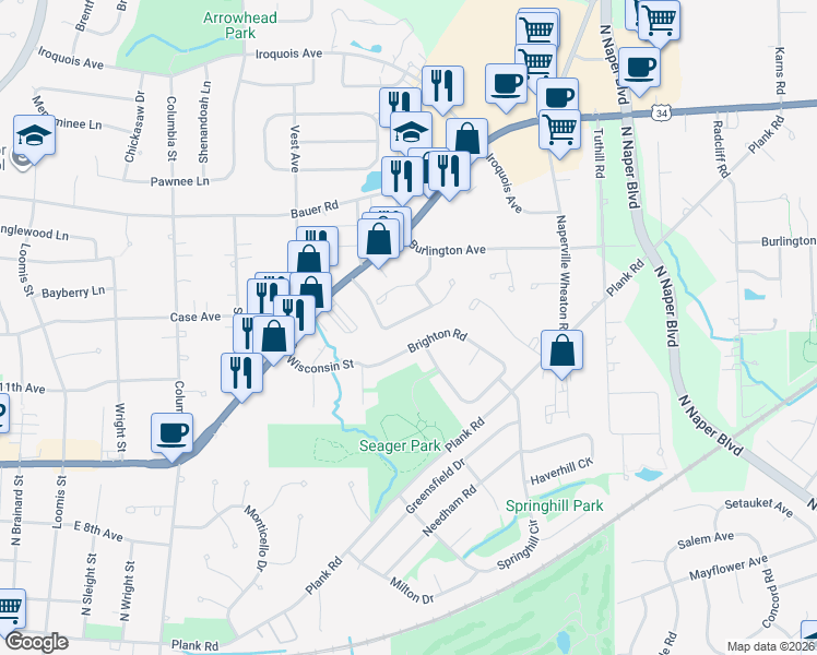 map of restaurants, bars, coffee shops, grocery stores, and more near 1117 Dickens Lane in Naperville