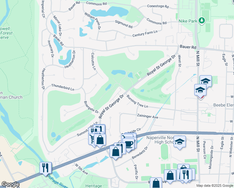 map of restaurants, bars, coffee shops, grocery stores, and more near 1133 Royal Saint George Drive in Naperville